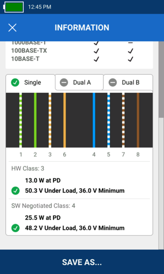 LinkIQ screen showing cable information and the results of a Power over Ethernet test under load