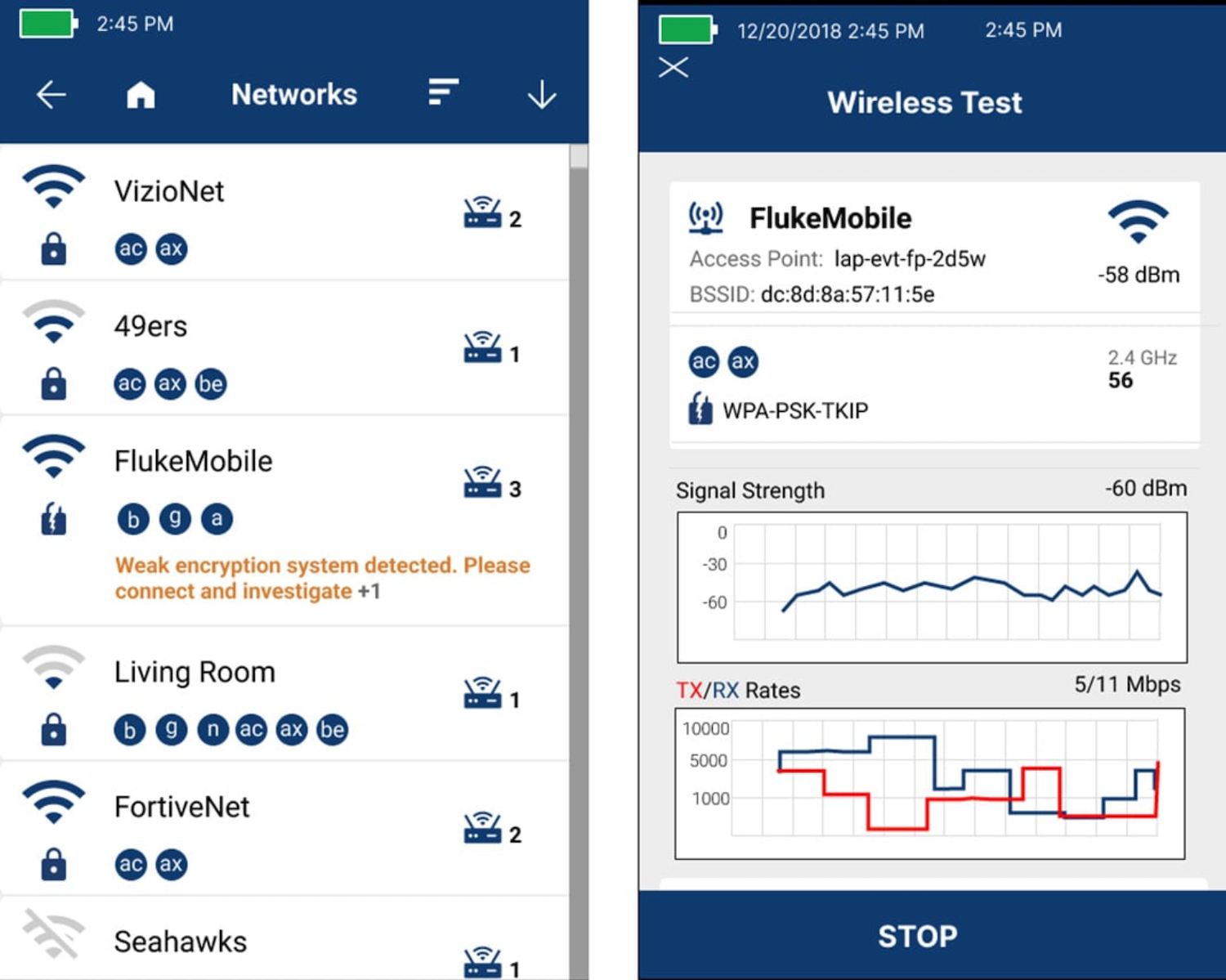 Two LinkIQ Duo tester screens showing the presence of Wi-Fi access points and performance results during testing