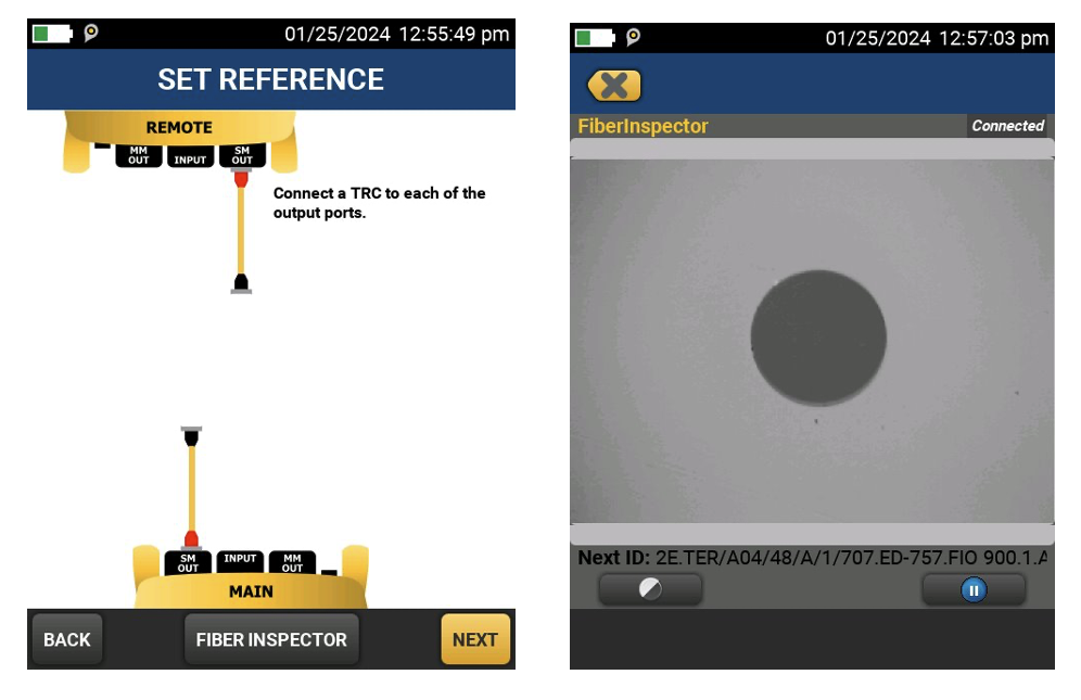 Examples of the Set Reference screen and a clean fiber end face as shown on the Versiv